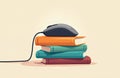 Computer mouse rests on colorful stacked books. Graphic e-learning, online study, digital knowledge acquisition. Highlights Royalty Free Stock Photo