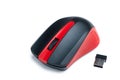 Computer mouse wireless with receiver USB isolated on white background, black and red, plastic Royalty Free Stock Photo