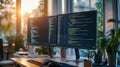 computer with multiple monitors displaying code in a dimly lit environment, suggesting a focus on programming or Royalty Free Stock Photo