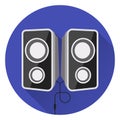 Computer music speakers. On blue background, flat style, with glare and shadow.