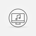 Computer with Musical Note outline vector round icon