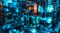 A computer with neon blue liquid cooling pipes and illuminated hardware.