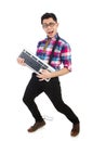 Computer nerd with keyboard isolated Royalty Free Stock Photo