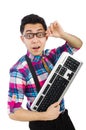 Computer nerd with keyboard isolated Royalty Free Stock Photo
