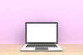 Laptop computer white blank screen on wood work table front view, Isolated on pink background Royalty Free Stock Photo