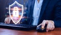 Computer network protection, secure and safe your data concept, businessman holding shield protection icon, Security shield Lock Royalty Free Stock Photo