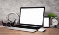 Computer notebook blank screen on wood table, workspace mock up design, illustration 3D rendering Royalty Free Stock Photo