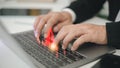 Computer notification error maintenance concept. programmer, or developer using a computer laptop with a triangle warning Royalty Free Stock Photo
