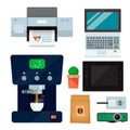 Computer office equipment technic gadgets modern workplace communication device laptop monitor printer keyboard vector Royalty Free Stock Photo