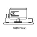 Workplace with computer and office equipment, isolated on a white background... Vector illustration. Royalty Free Stock Photo