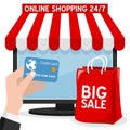 Computer Online Shopping with Red Bag Royalty Free Stock Photo