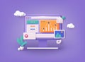 Computer with open pages. Landing page template for web. Data analytics, dashboard and business finance report. 3D Royalty Free Stock Photo