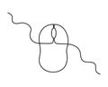 Computer optical mouse tool one line art,hand drawn input office device,idea laptop internet work drawing continuous contour.