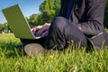 Computer outdoor. Student boy working on laptop, tablet in summer park. man person business nature outside with online Royalty Free Stock Photo