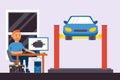 Computer parts auto diagnostics vector illustration. Man character use computer to repair car. Worker sit at table Royalty Free Stock Photo