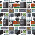 Computer parts network component accessories various electronics devices seamless pattern background processor drive