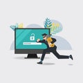 Computer password unlocked, businessman thief the data. Cyber crime concept vector illustration