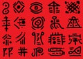 Many several mystical runes symbols language words against a red backdrop