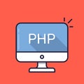 Computer with PHP word on screen. Server-side scripting language. Web development, back-end programming, coding