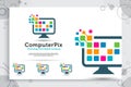Computer pixel vector logo with modern and simple concept designs, illustration monitor and pixel as a symbol icon of template