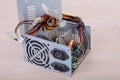 Computer power supply.Gray PCU.Inside view.PC component