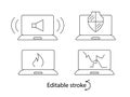 Computer problems outline icons set. Bad sound. Notebook damage. Computer repair wizard
