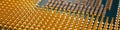 Computer processor banner close-up. Information technology headline. A pattern of contacts and semiconductors of a PC