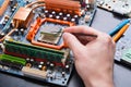 Computer processor chip disassembling close up Royalty Free Stock Photo