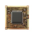 Computer processor chip showing complex electronic circuitry on white background Royalty Free Stock Photo