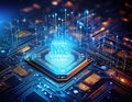 Computer processor microchip on a circuit board, illuminated by soft blue and orange light, with digital data nexus. Generated