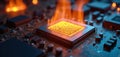 Computer processor overheating in flames. Hot glowing chip on circuit board. Electronic component failure danger. Tech system Royalty Free Stock Photo