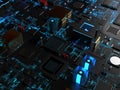 computer processors close-up in bright blue backlight