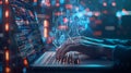 Computer programmer coding on laptop with ai, futuristic technology, digital and data engineering Royalty Free Stock Photo