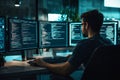 Computer programmer coding in a modern office, surrounded by multiple screens displaying code data. Generative AI Royalty Free Stock Photo