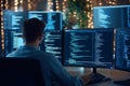 Computer programmer coding in a modern office, surrounded by multiple screens displaying code data. Generative AI Royalty Free Stock Photo