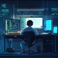 Computer programmer developing new software using multiple monitors in a dark room