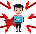 Computer programmer vector character. Cyber security technician posing like hero holding laptop
