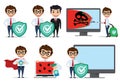 Computer programmer vector character set. Computer technician using antivirus application computers