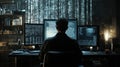 Computer programmer working on computers with source code and matrix code raining on the wall