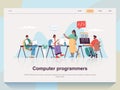 Computer programmers web concept for landing page in flat design. Man and woman working in office with project manager, coding and