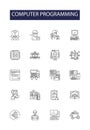 Computer programming line vector icons and signs. scripting, debugging, algorithm, software, language, compiler, syntax