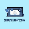 Computer protection and security concept vector. Laptop virus scan and information security illustration. Magnifying glass Royalty Free Stock Photo