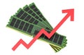 Computer RAM memory modules with upward red arrow symbolizing increasing prices demand or market growth. 3D rendering Royalty Free Stock Photo
