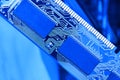 Computer RAM, system, main memory, random access memory, high-tech computer detail toned blue close-up, new modern intelligent