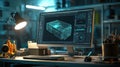 a computer with rendering software open, showing a digital model
