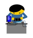 Computer repair. Guy is repairing PC. mending and assembly of electronic brain. Vector illustration