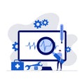 Computer repair, computer service, diagnostics concepts with character and monitor. Modern vector illustration in flat style for Royalty Free Stock Photo