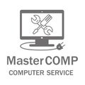 Computer repair service. Laptop with screwdriver and wrench. PC repair label.