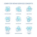 Computer repair service turquoise concept icons set Royalty Free Stock Photo