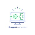 Computer upgrade, system update, software installation, repair services, IT support line icon